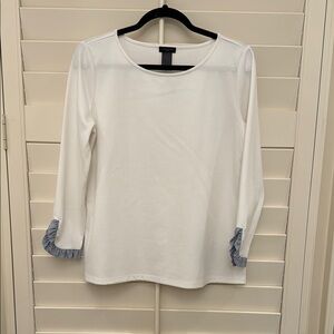 Ann Taylor White Ruffled Sleeve Crew Neck 3/4 Sleeve Blouse Size: M